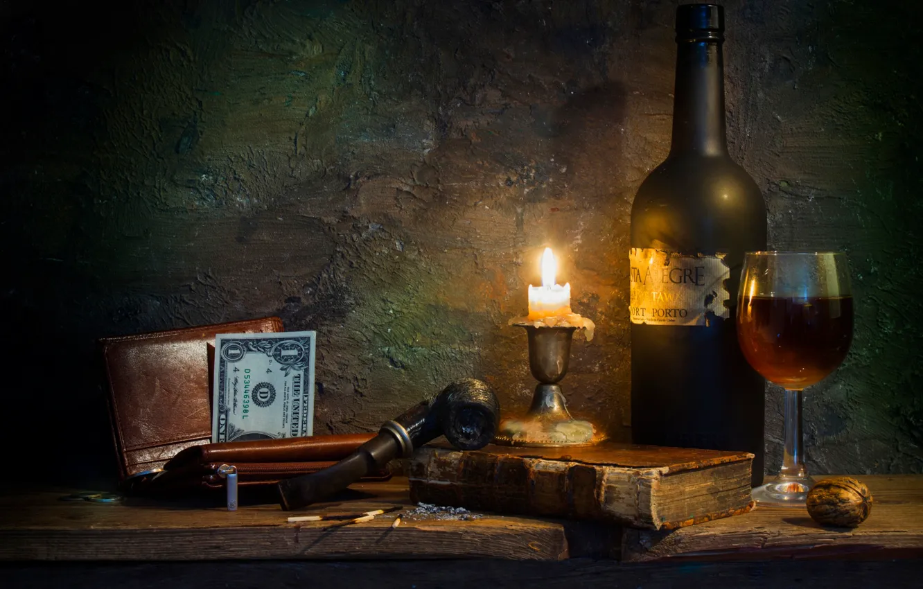 Фото обои вино, свеча, трубка, купюра, Still life