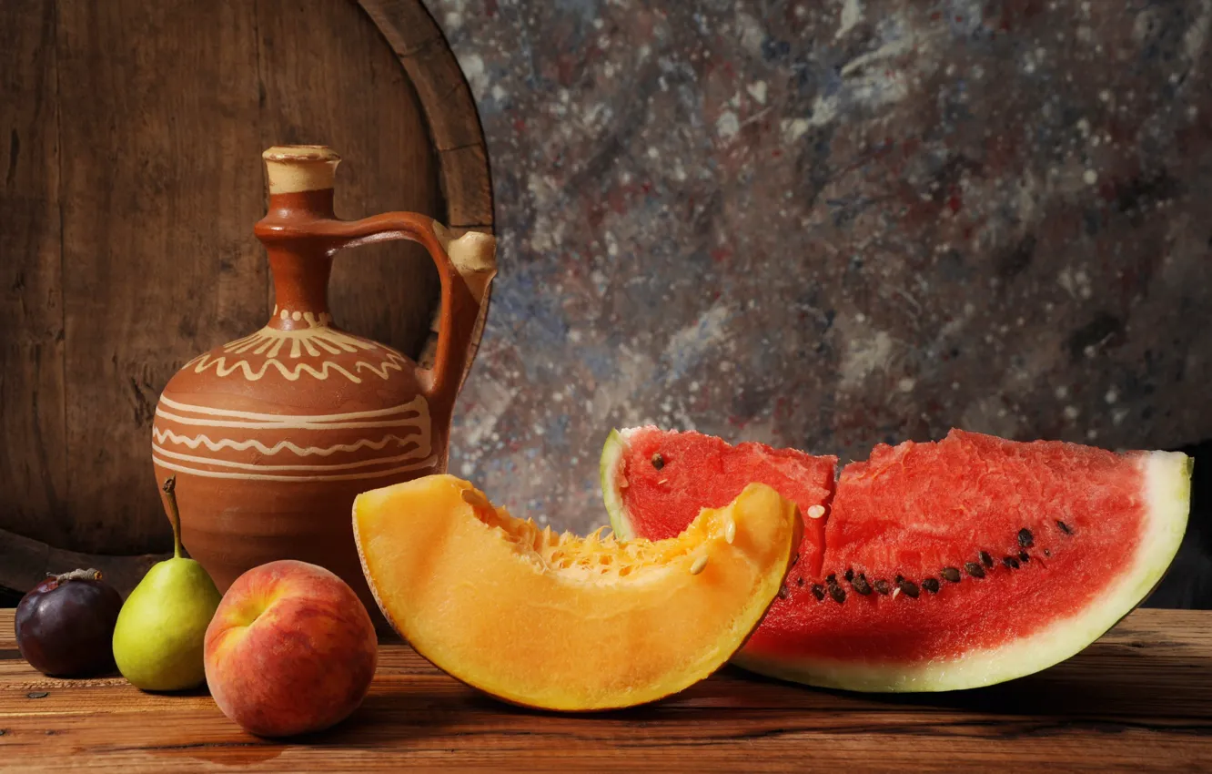 Фото обои арбуз, груша, кувшин, фрукты, натюрморт, бочка, персик, дыня