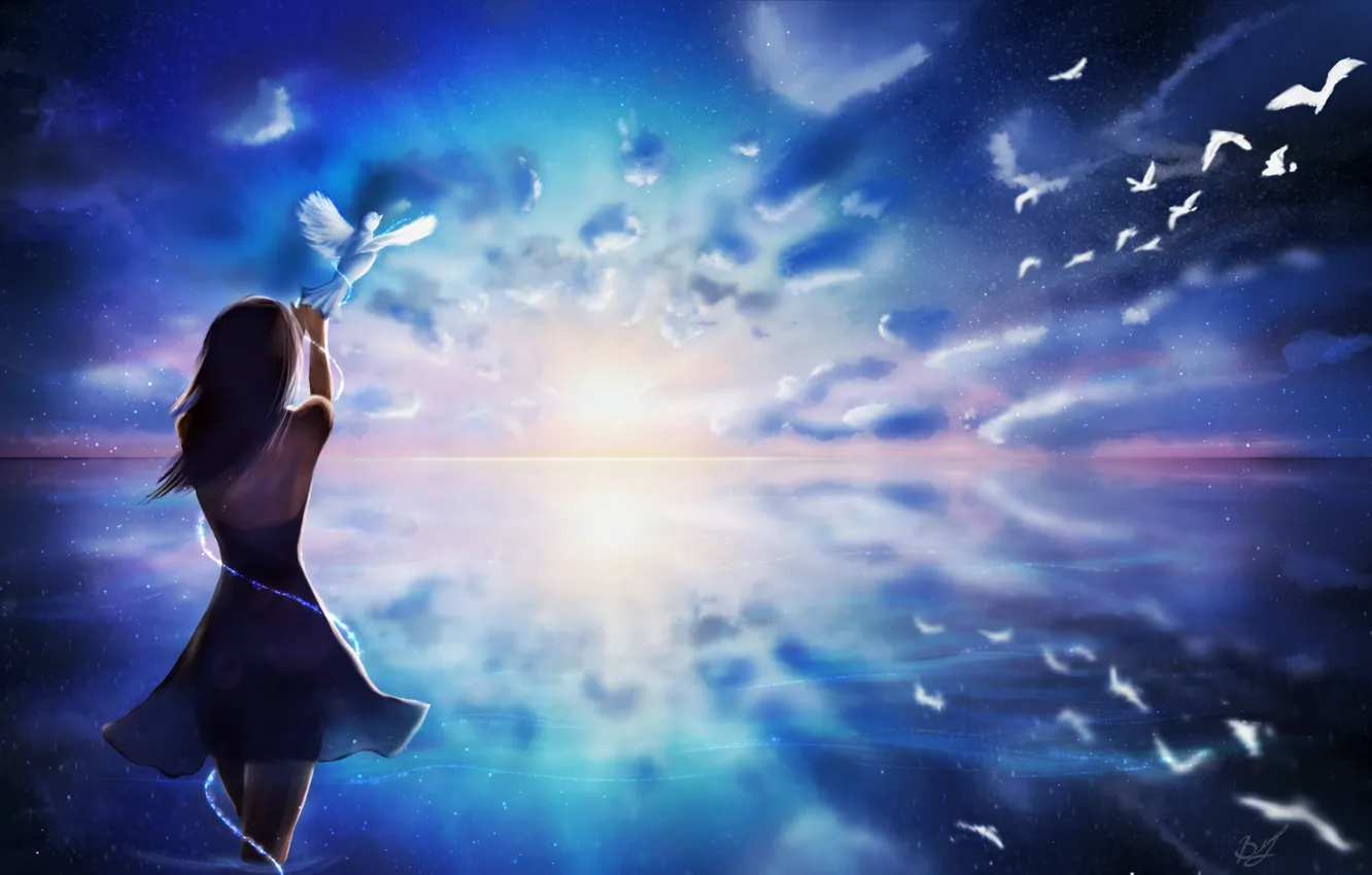 Фото обои небо, вода, девушка, облака, волосы, спина, руки, платье