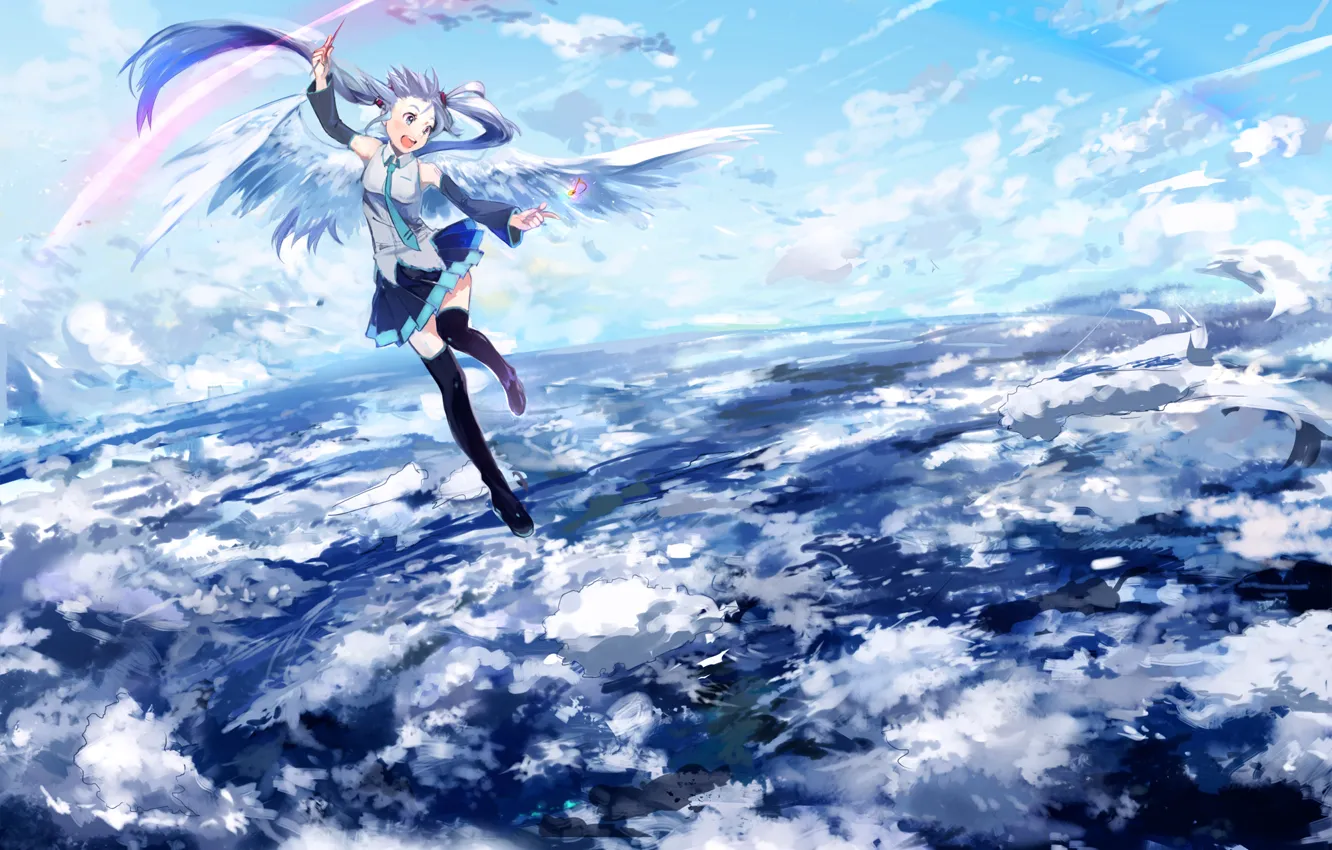 Фото обои небо, девушка, полет, радость, настроение, крылья, vocaloid, hatsune miku