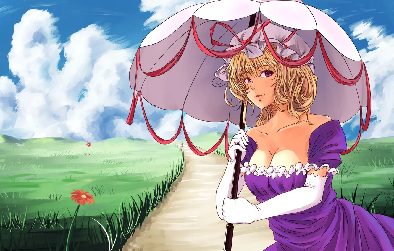 Фото обои лето, девушка, облака, пейзаж, цветы, зонтик, зонт, арт