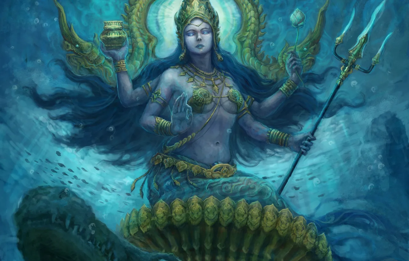 Фото обои вода, фантастика, арт, божество, богиня, fantasy indian, Трезубец