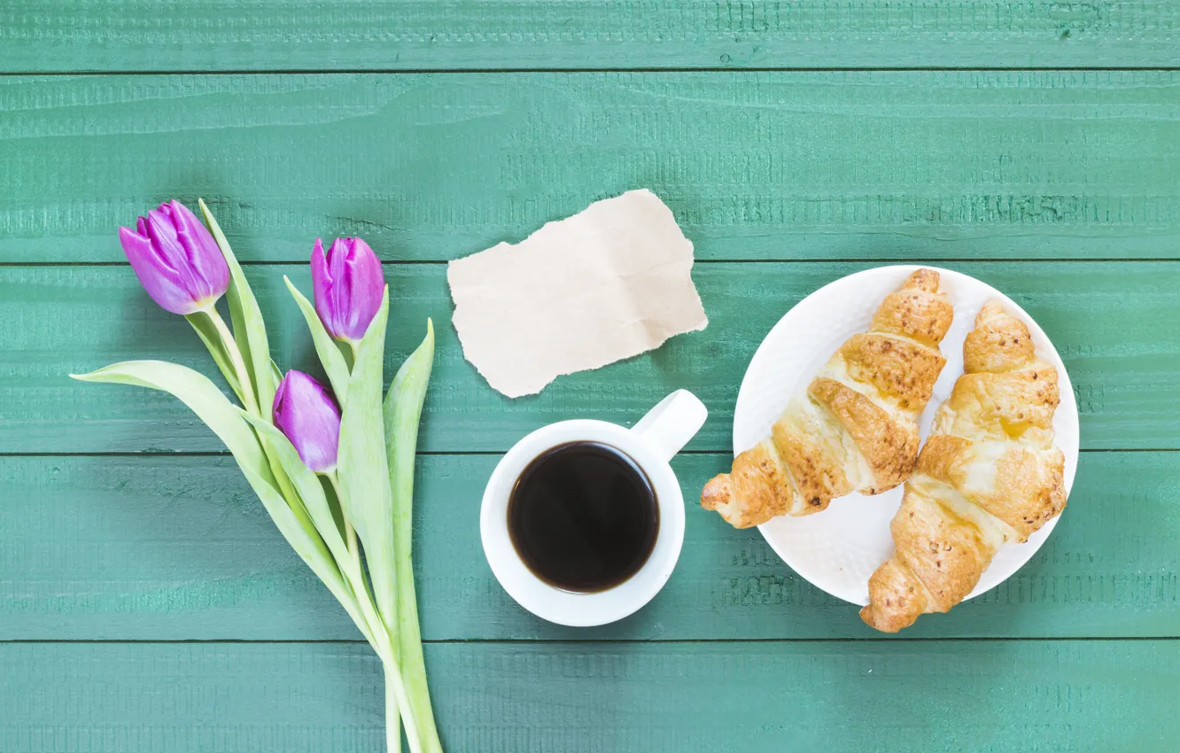 Фото обои кофе, букет, завтрак, breakfast, Круассан