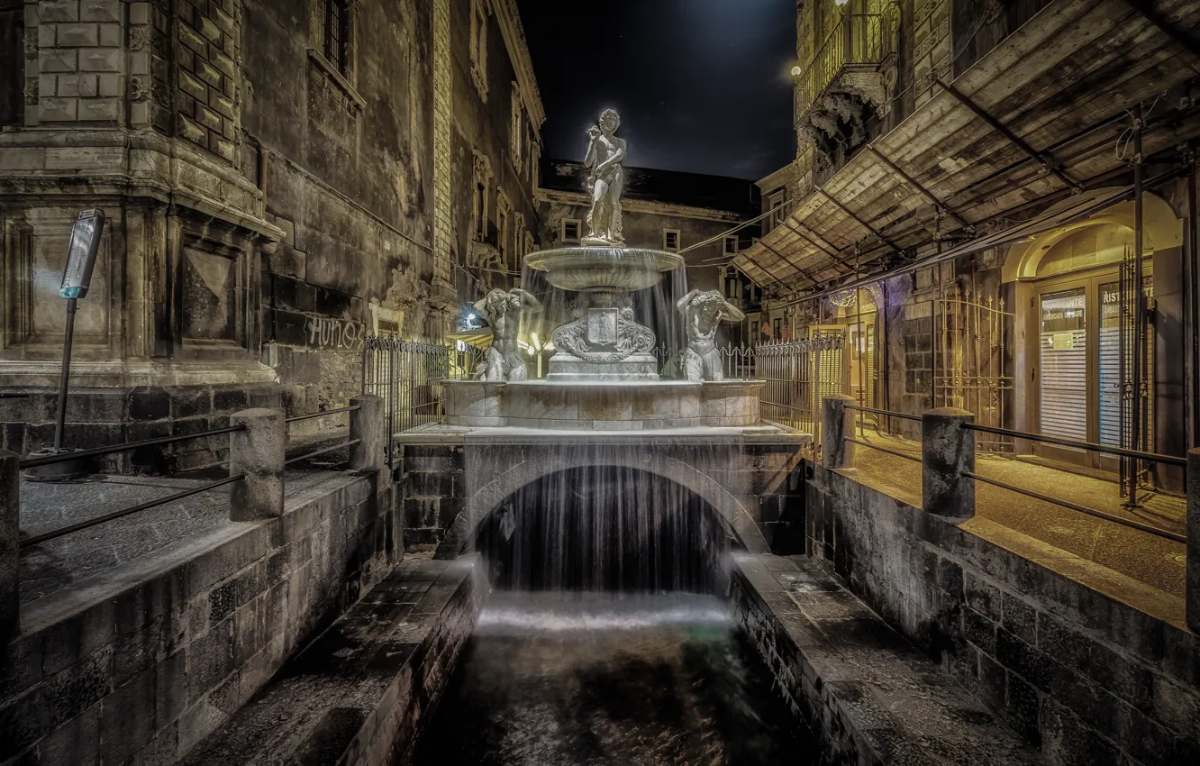 Фото обои Италия, фонтан, Сицилия, Катания, Fontana dell'Amenano, площадь Дуомо