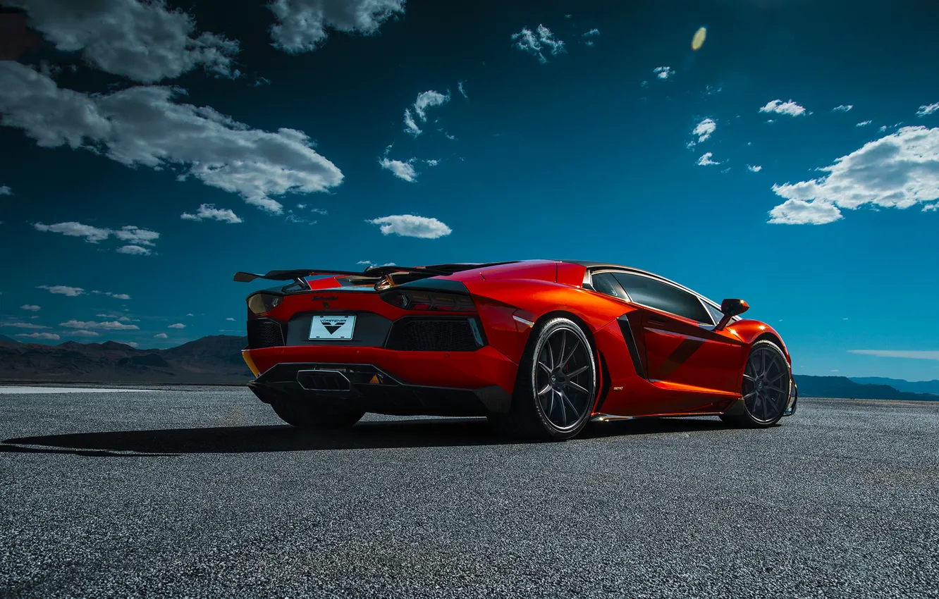 Фото обои Lamborghini, Orange, Clouds, Sky, Vorsteiner, Supercar, Desert, Rear