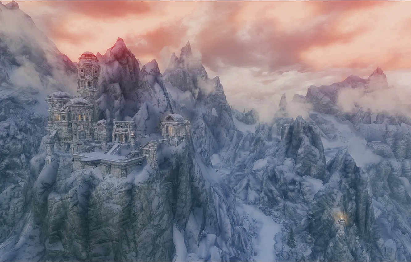 Фото обои снег, горы, руины, Skyrim, The Elder Scrolls V Skyrim, Скайрим, Древние Свитки