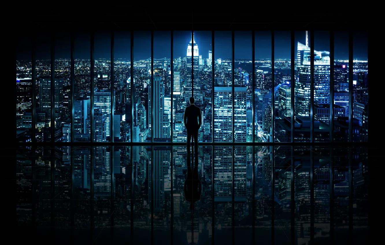 Фото обои ночь, город, вид, окно, мужчина, The Dark Knight, New York City, Window to Gotham City