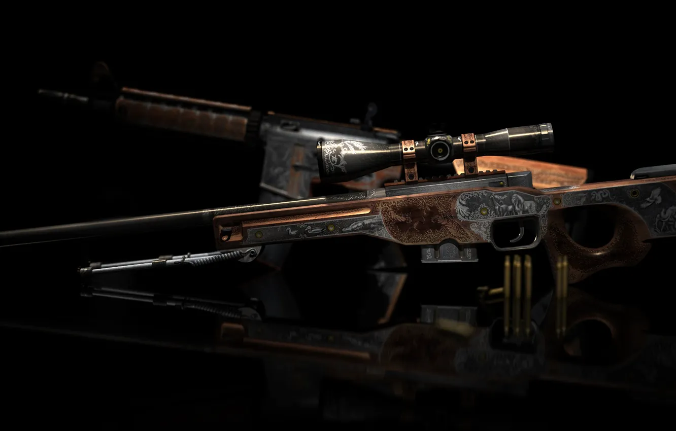 Фото обои животные, патроны, гравировка, винтовки, workshop, cs go, trophy hunt