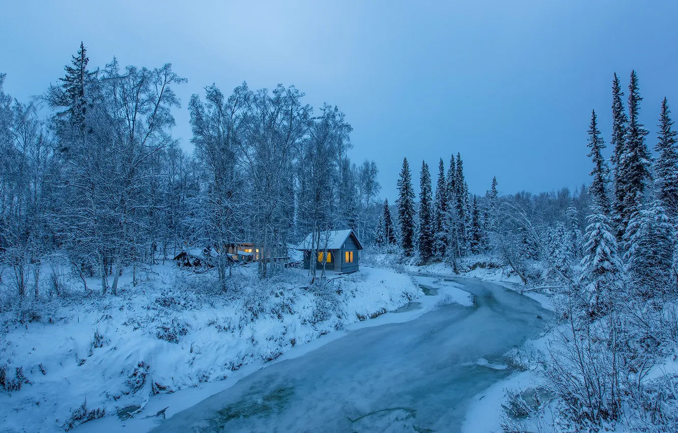 Фото обои зима, лес, снег, деревья, река, избушка, Аляска, домик