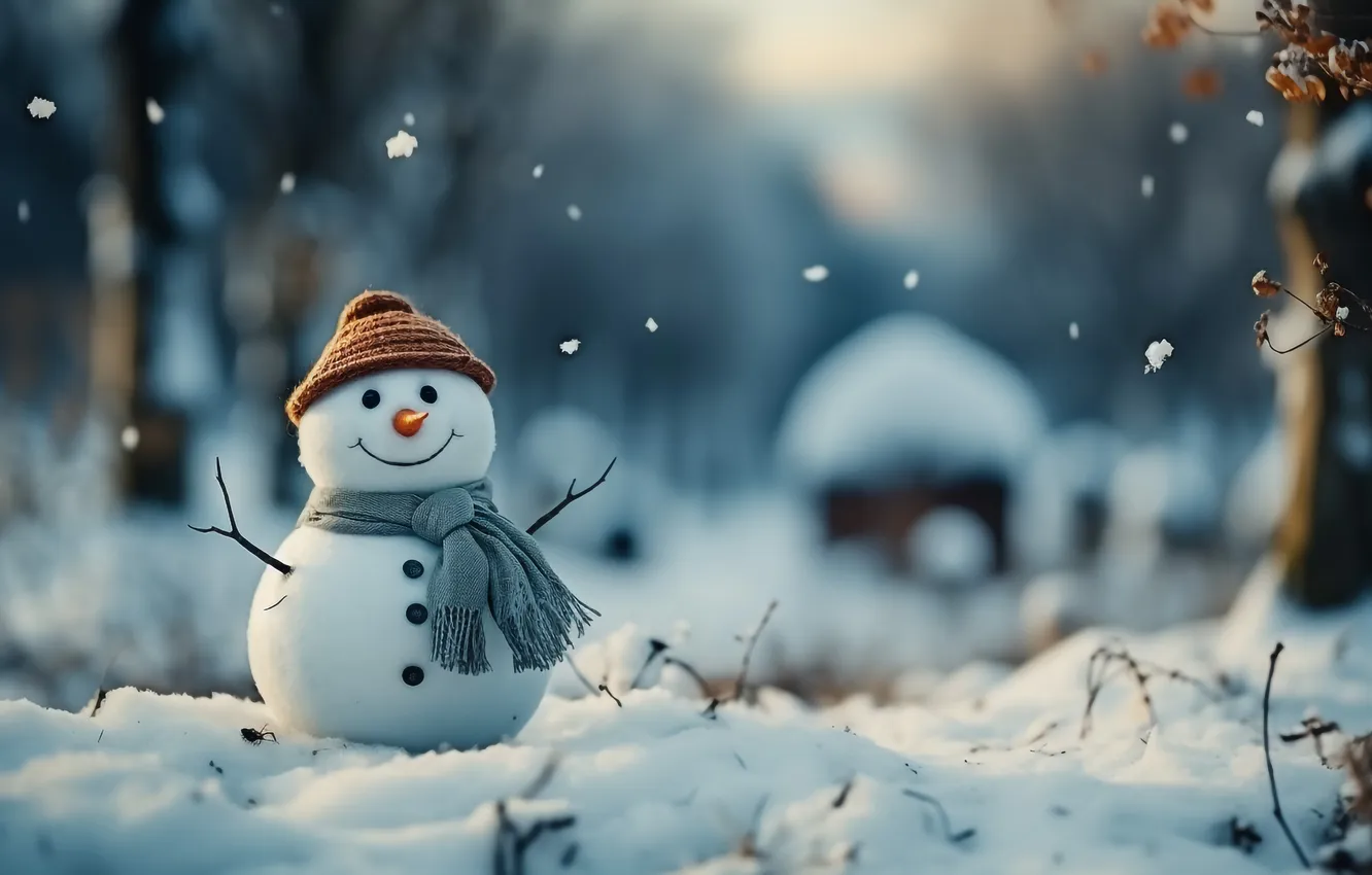 Фото обои зима, снег, Рождество, Новый год, снеговик, Christmas, winter, snow
