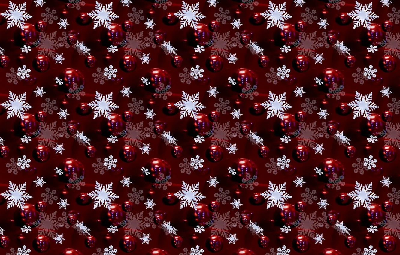 Фото обои шарики, снежинки, красный, фон, праздник, рисунок, цвет, новый год