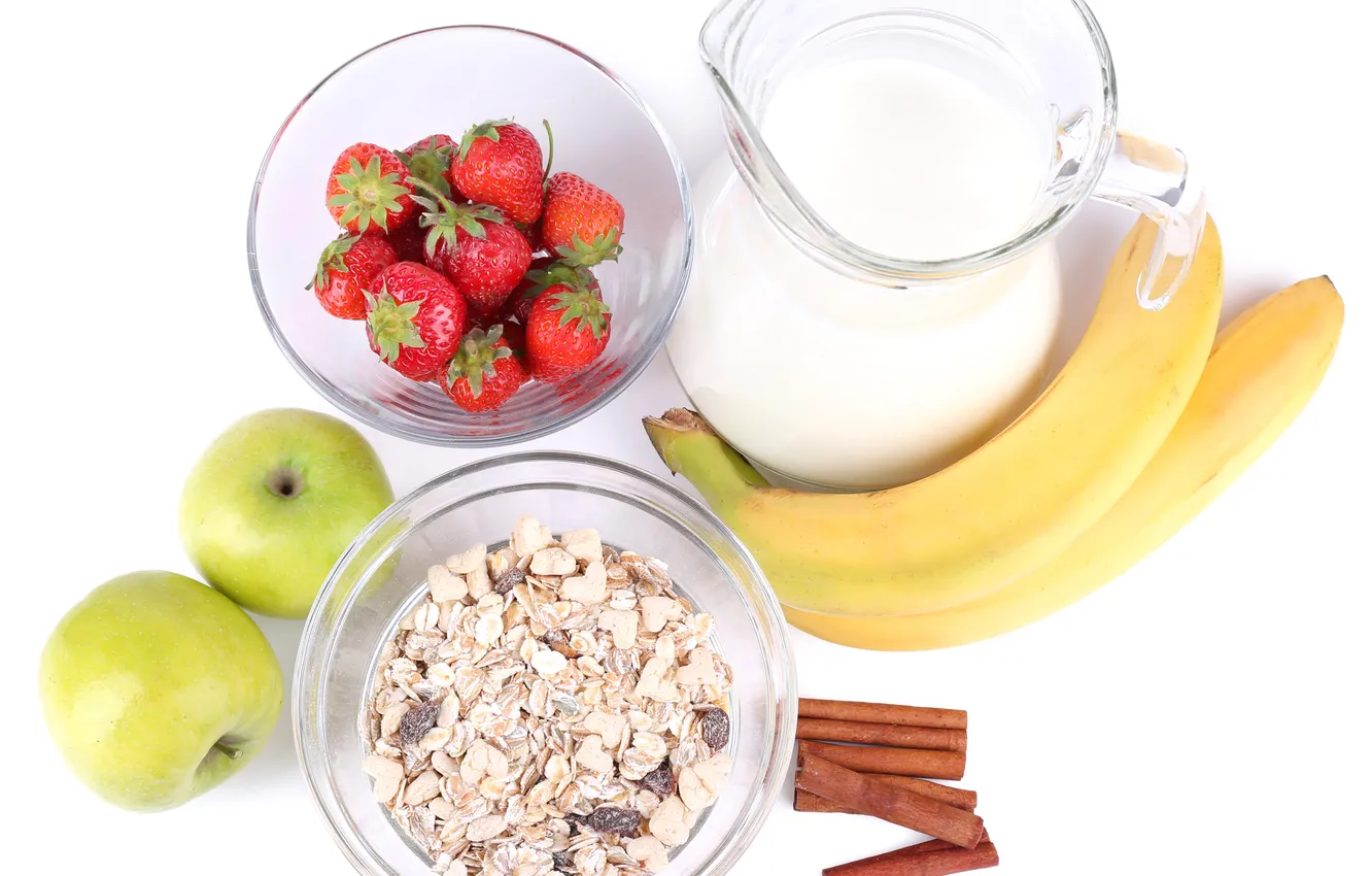 Фото обои хлопья, cereals, мюсли с молоком и фруктами и свежими ягодами, Здоровый завтрак, A healthy Breakfast, …