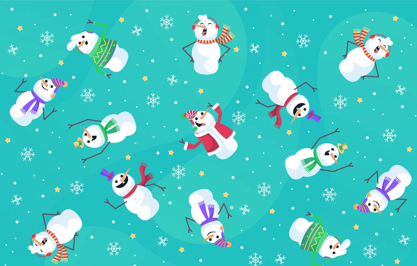 Фото обои снежинки, фон, Рождество, Новый год, снеговики, Christmas, открытка, snowman