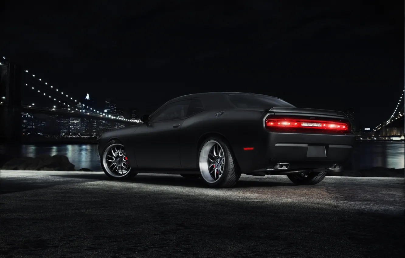 Фото обои ночь, мост, город, чёрный, Dodge, Challenger, мускул кар, black