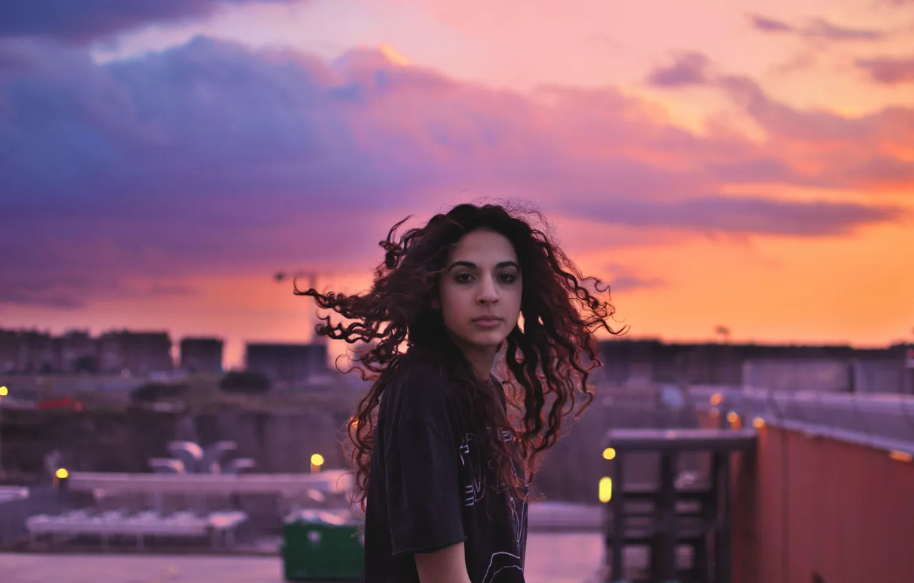 Фото обои girl, twilight, sunset, dusk, hair, cityscape, roof, urban scene