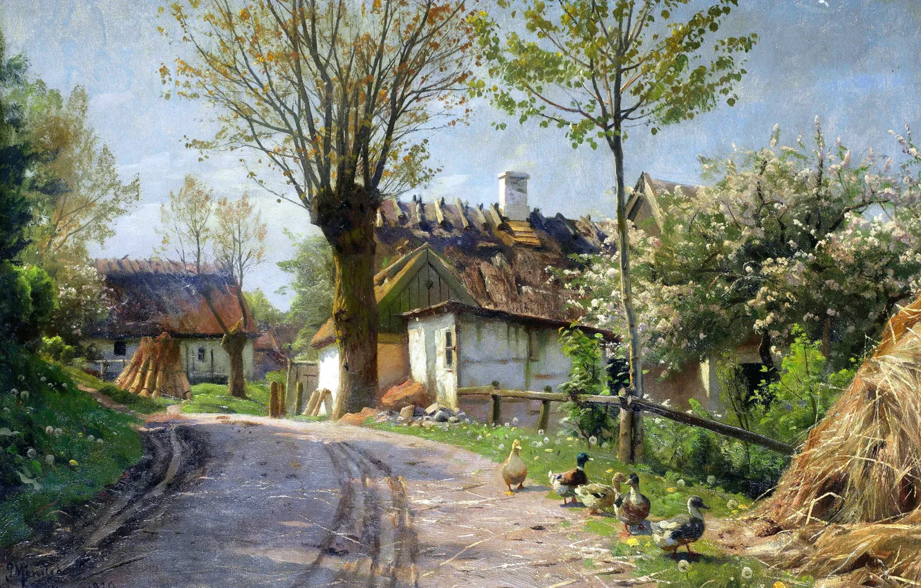 Фото обои Дома, Деревья, Картина, Peder Mork Monsted, Утки, Петер Мёрк Мёнстед, Peder Mørk Mønsted, Датский живописец