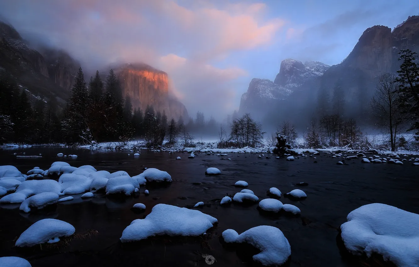 Фото обои зима, снег, горы, природа, река