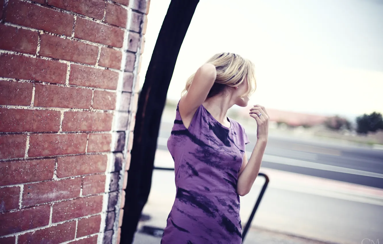 Фото обои girl, wall, dress, woman, bricks, model, purple, blonde