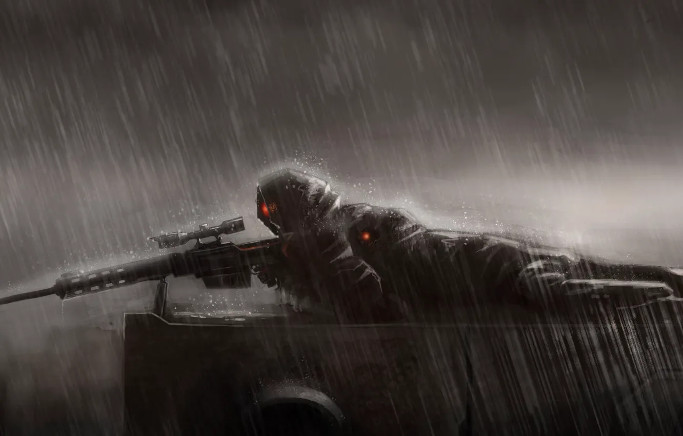 Фото обои дождь, арт, лежит, снайпер, rain, позиция, снайперская винтовка, Sniper