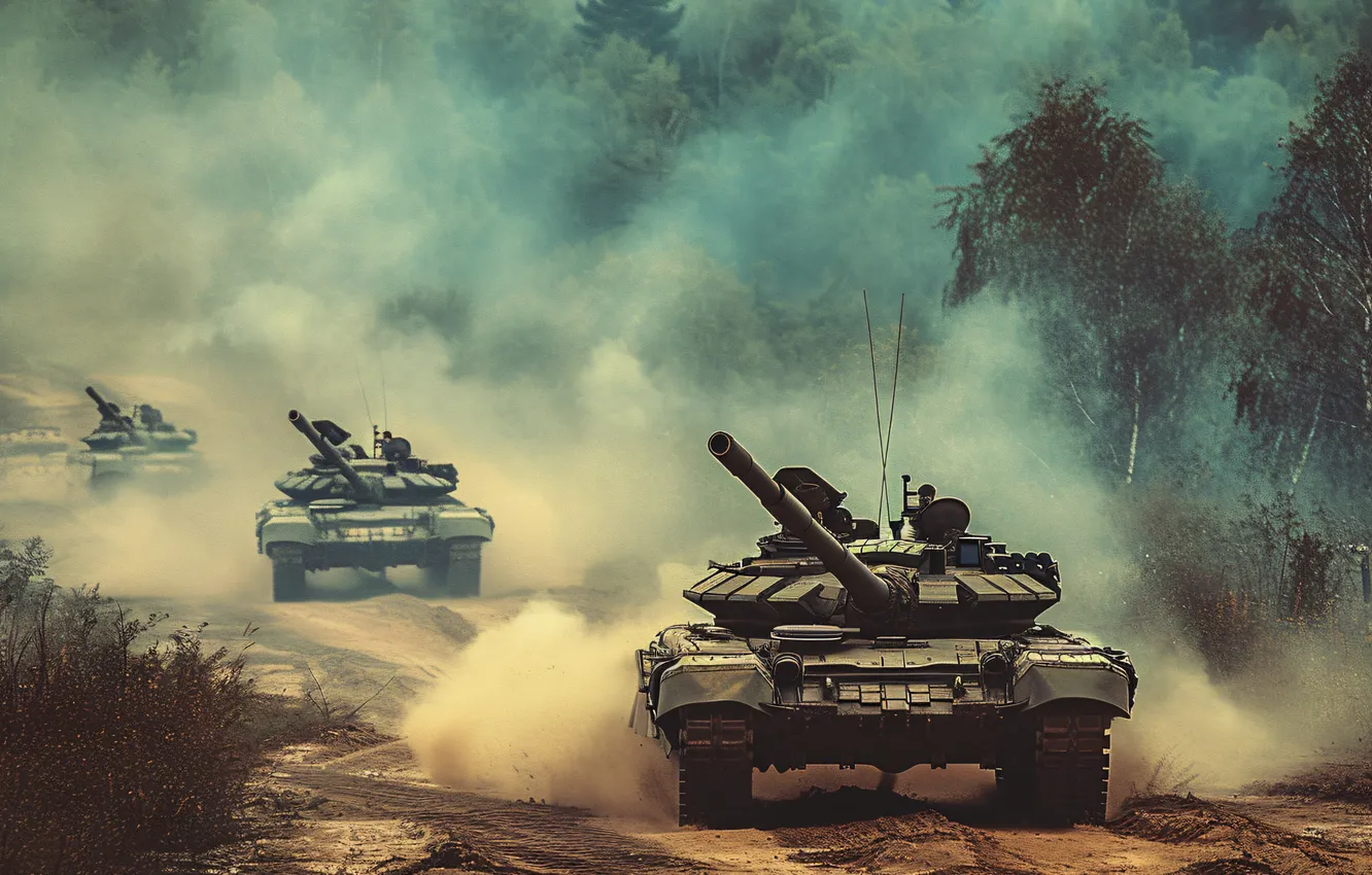 Фото обои деревья, ретро, дым, танк, цифровое искусство, ИИ-арт, Искусство искусственного интеллекта, НЕЙРОСЕТЬ