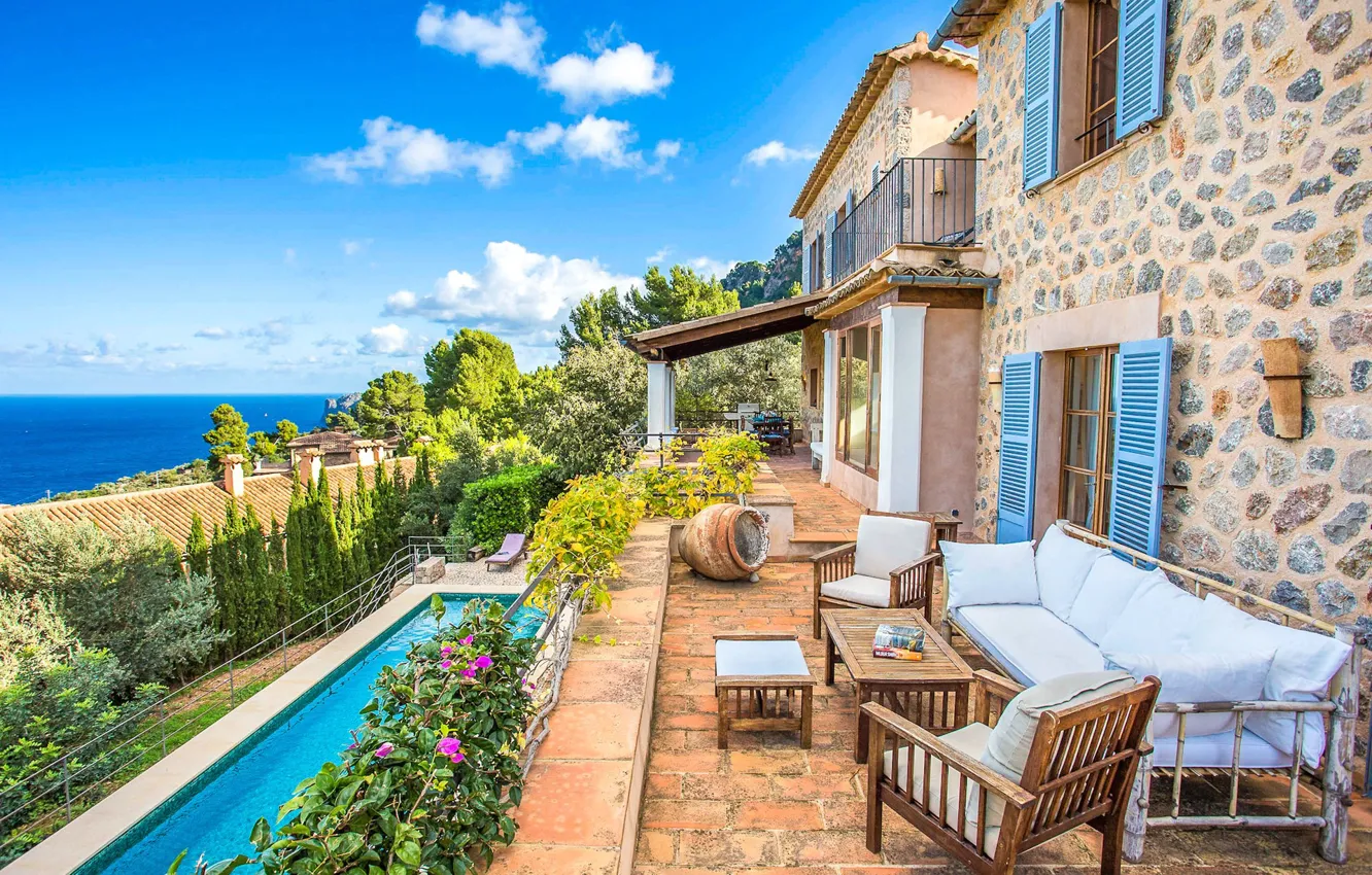 Фото обои море, диван, вилла, кресло, бассейн, Испания, Мальорка, Vista Puerto Pollensa Mallorca