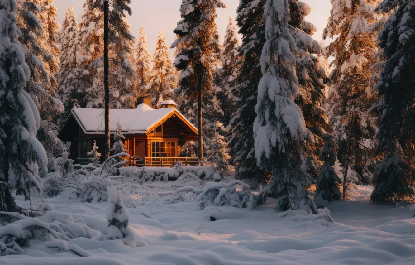 Фото обои зима, лес, снег, домик, house, хижина, forest, winter