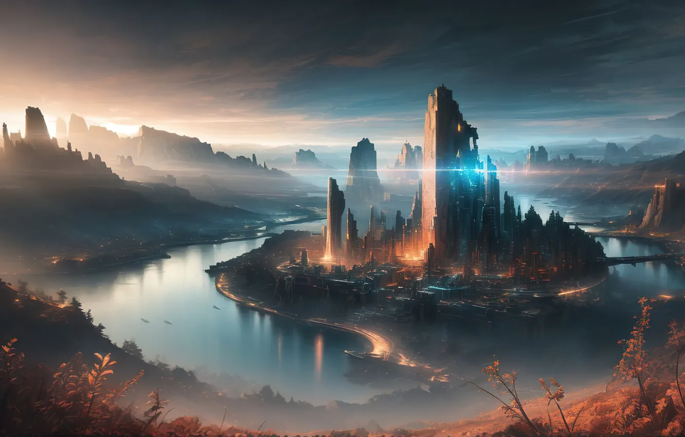 Фото обои river, sky, landscape, art, fantastic, digital art, ancient ruin, mount