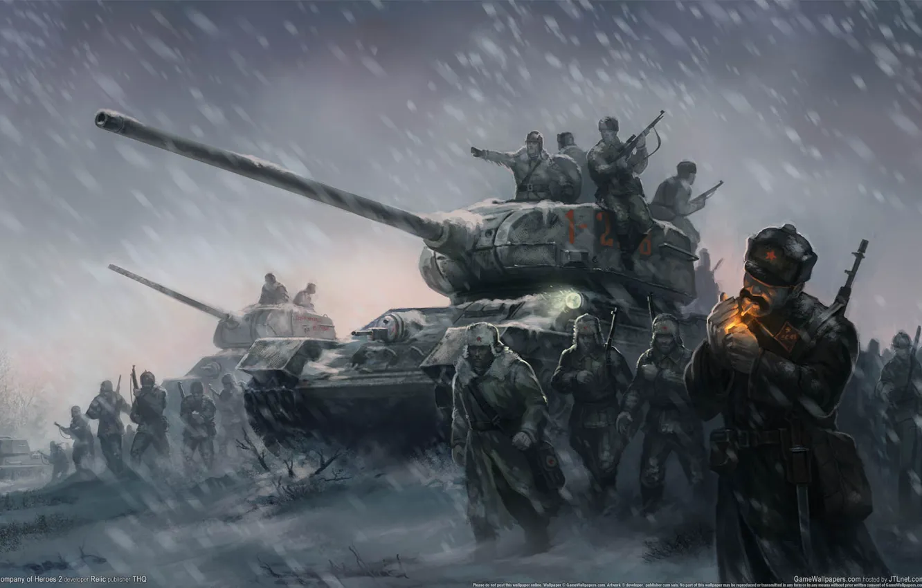 Фото обои зима, обои, солдаты, герои, метель, soldiers, поле боя, танки