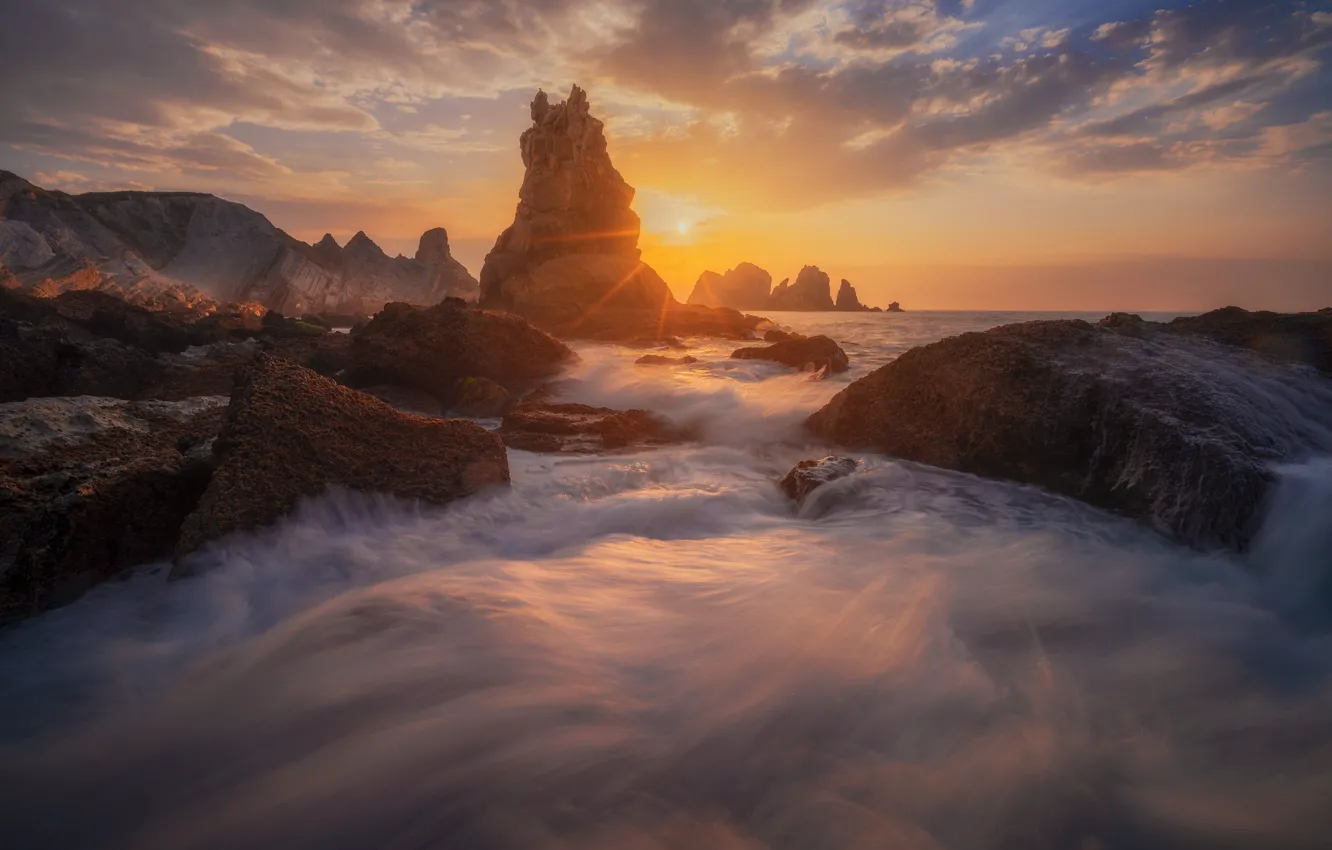 Фото обои море, закат, океан, скалы, побережье, Испания, Spain, Costa Quebrada