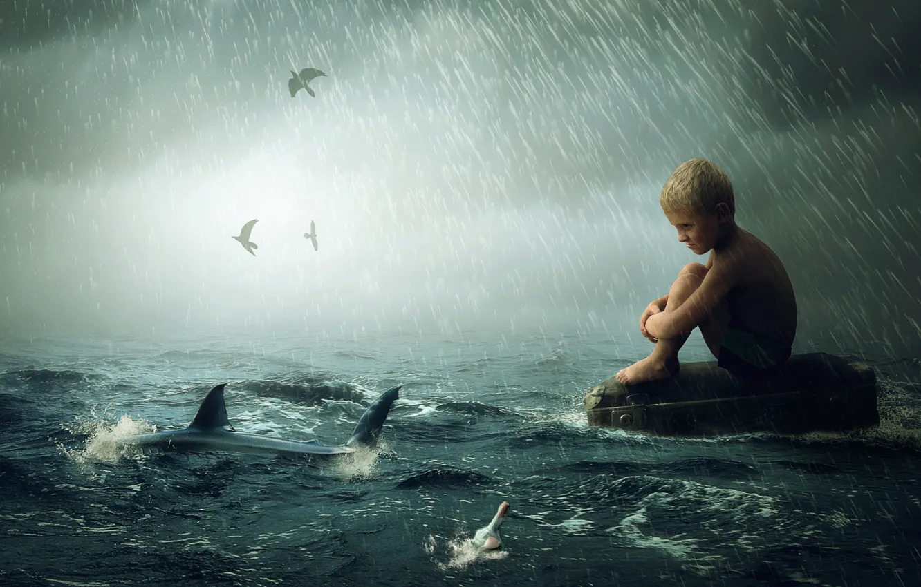 Фото обои волны, дождь, акула, мальчик