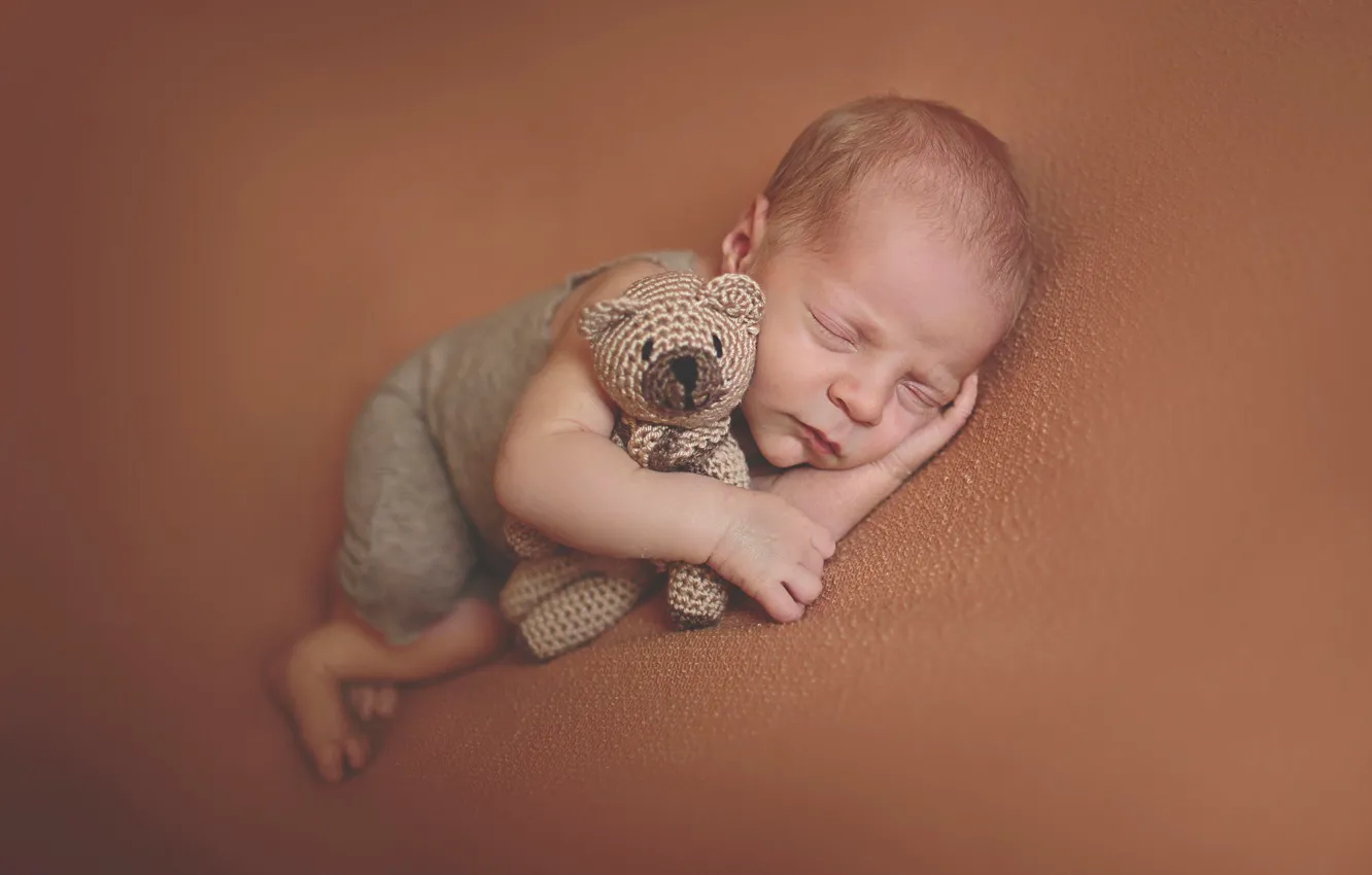 Фото обои игрушка, сон, малыш, мишка, ребёнок, младенец