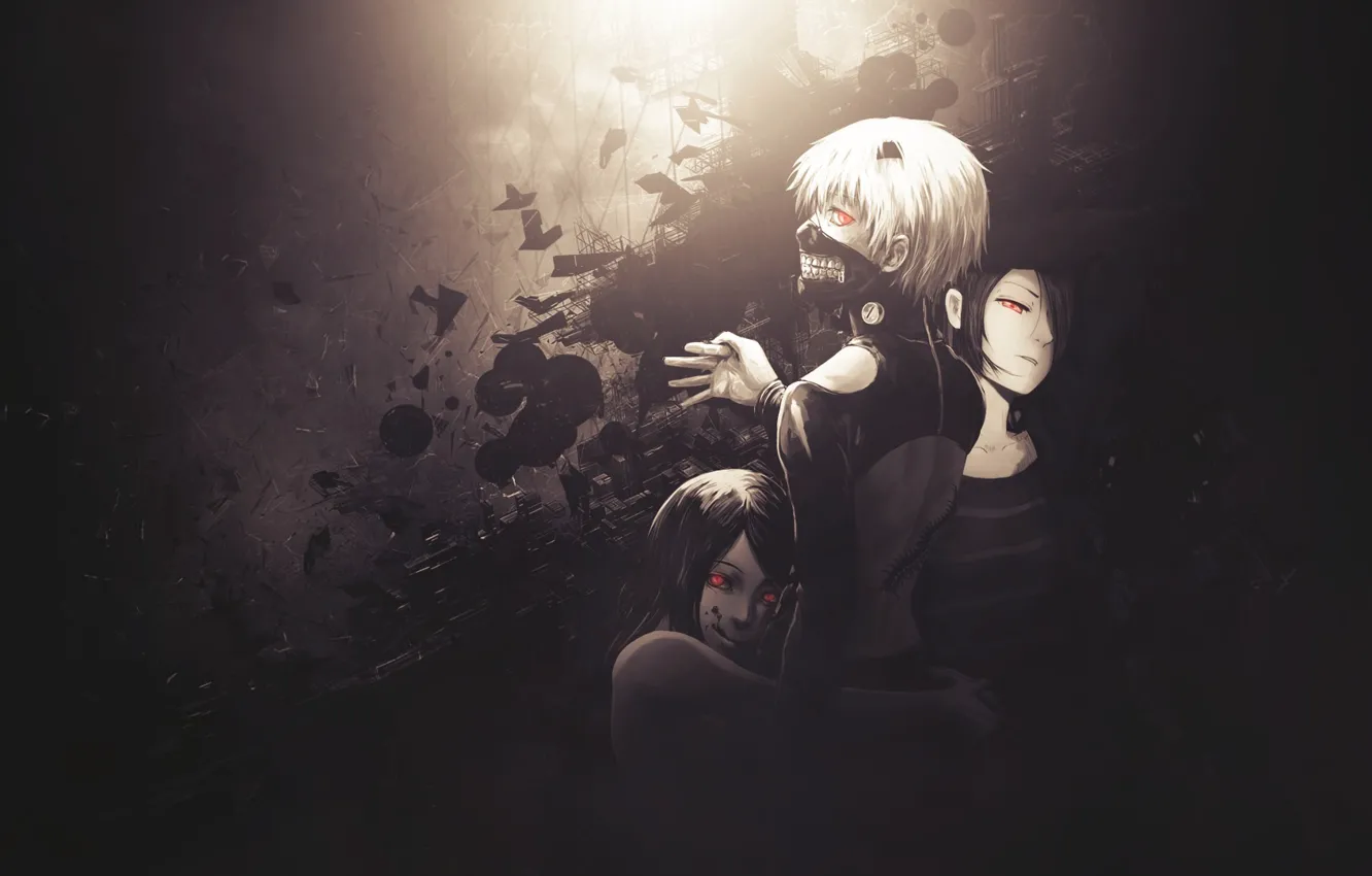 Фото обои anime, art, токийский гуль, Tokyo Ghoul, Ken Kaneki, Kirishima Touka, Rize Kamishiro