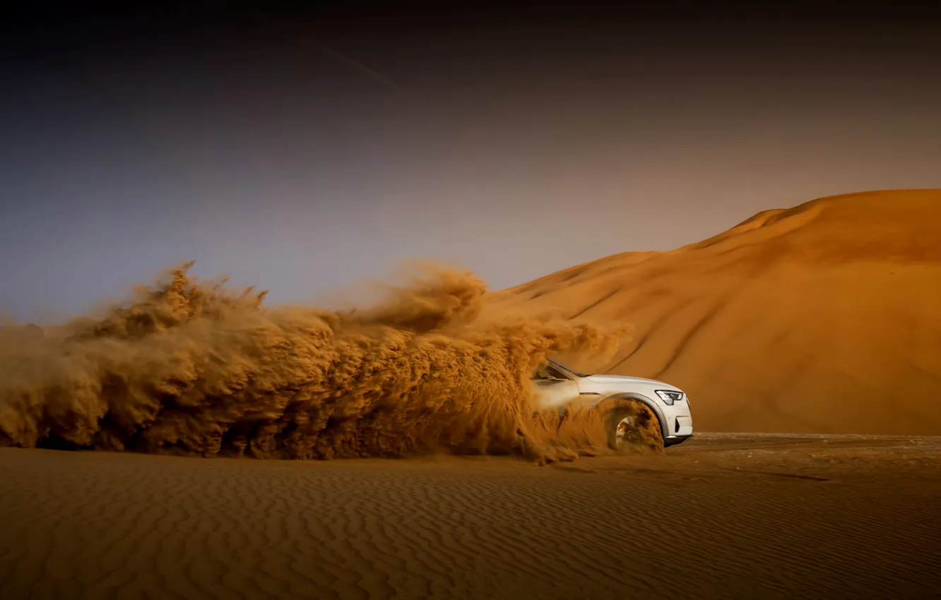 Фото обои песок, белый, Audi, пустыня, E-Tron, 2019