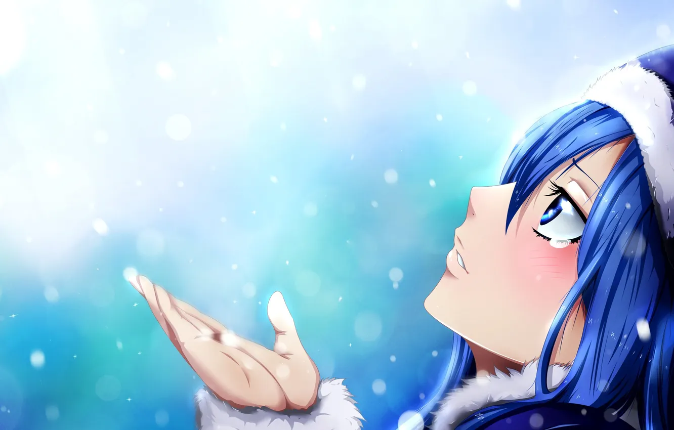 Фото обои зима, девушка, снег, шапка, рука, арт, Fairy Tail, Hiro Mashima