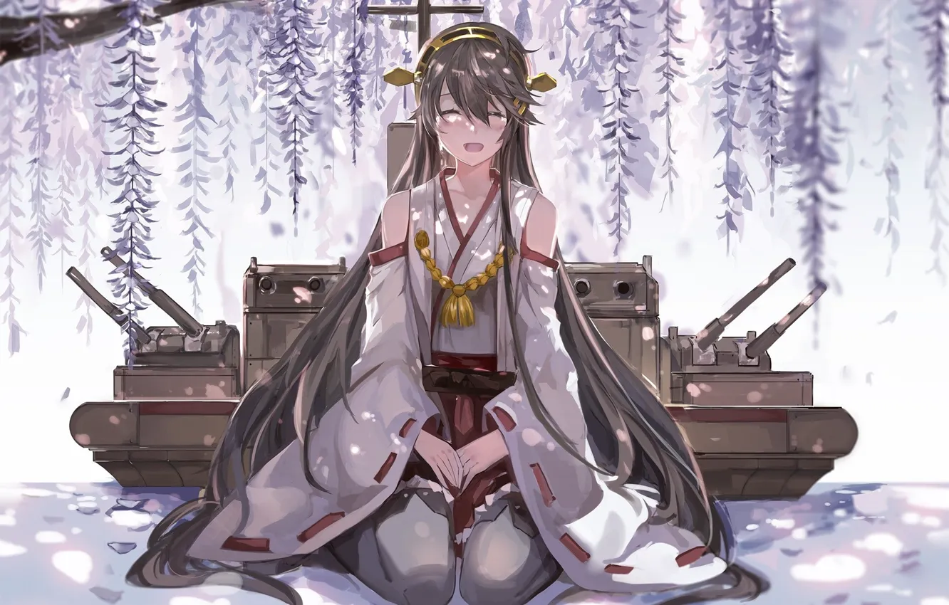 Фото обои улыбка, пушки, танк, кимоно, жрица, длинные волосы, Kantai Collection, Флотская Коллекция
