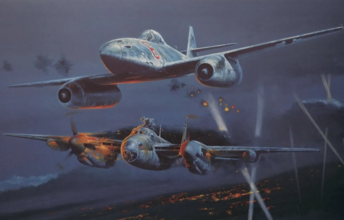 Фото обои war, art, painting, aviation, ww2, night fighter, De Havilland Mosquito, Messerschmitt Me 262