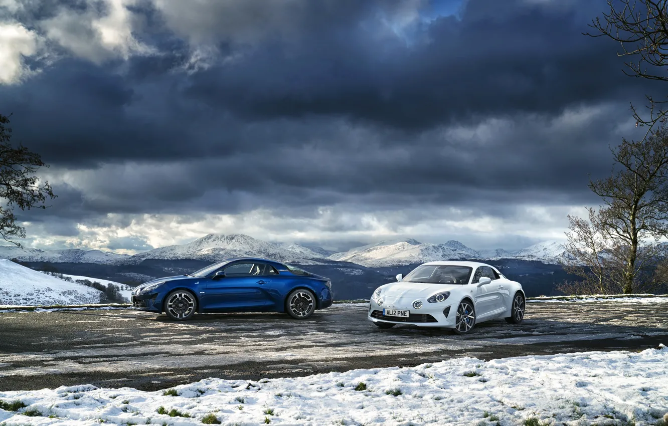 Фото обои зима, авто, небо, снег, горы, Renault, Alpine, A110