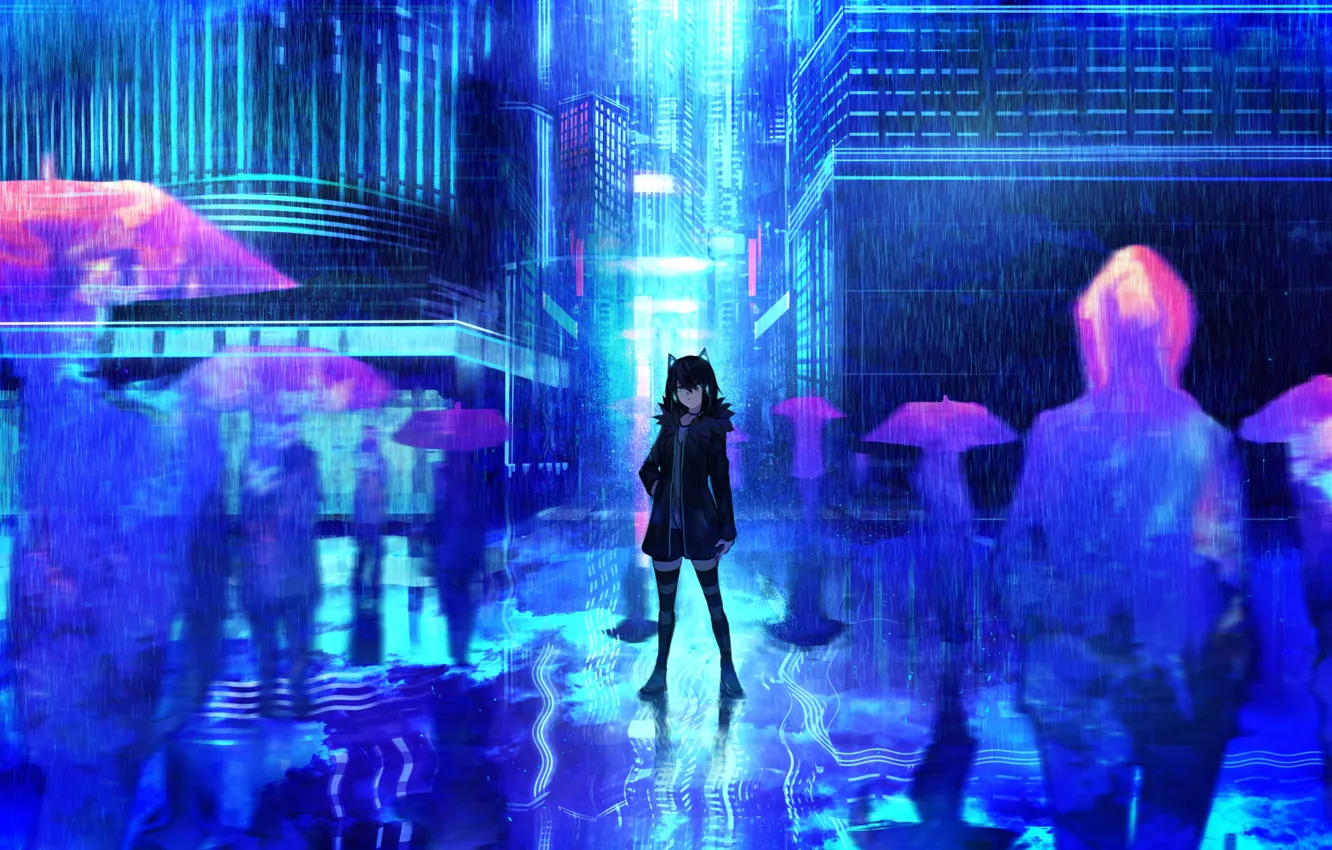 Фото обои девушка, город, фон, дождь, аниме, арт, зонты, силуэты
