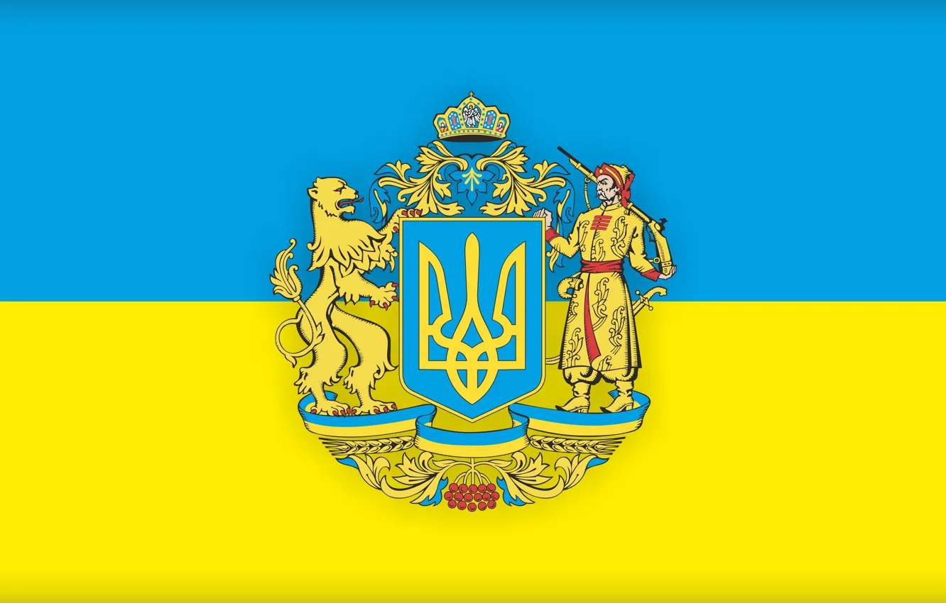 Фото обои желтый, фон, голубой, флаг, герб, Украина, геральдика, трезуб
