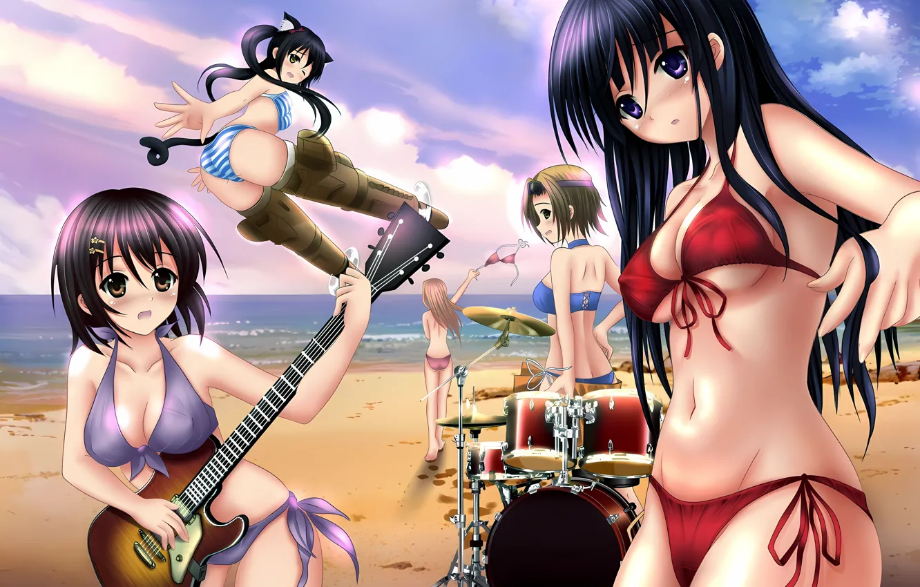 Фото обои sexy, ass, cleavage, beach, K-On, pink hair, sky, green eyes