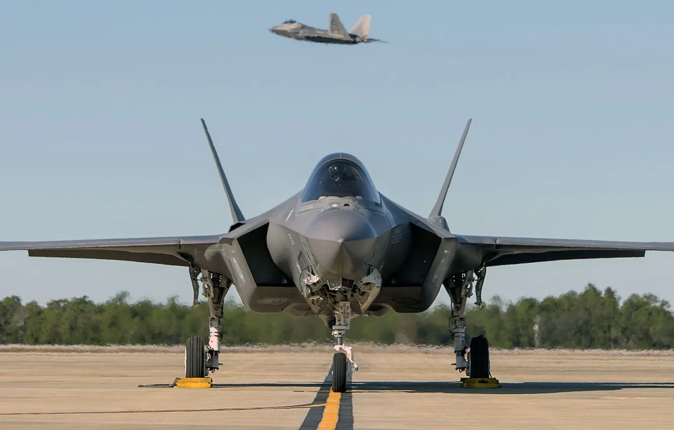 Фото обои F-22, ВВС США, истребитель-бомбардировщик, Lightning II, F-35, Lockheed Martin