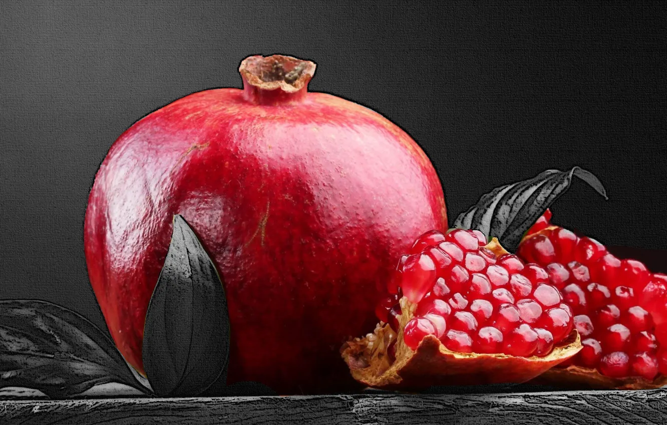 Фото обои red, fruit, black and white, Pomegranate