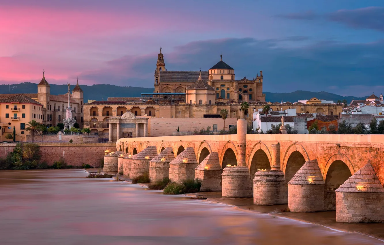 Фото обои небо, мост, огни, река, дома, зарево, архитектура, Испания