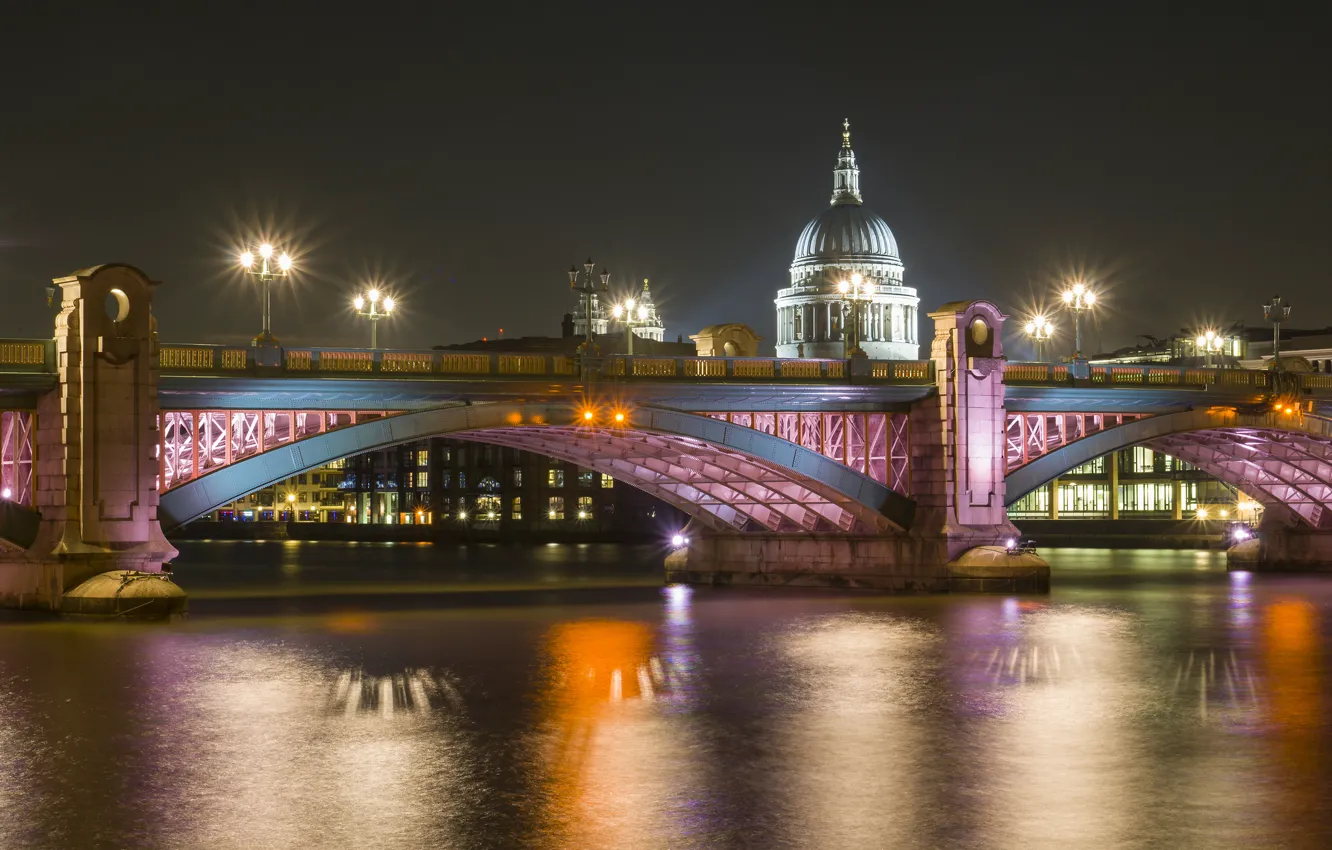 Фото обои ночь, мост, огни, река, Лондон, Собор, Святого, Темза