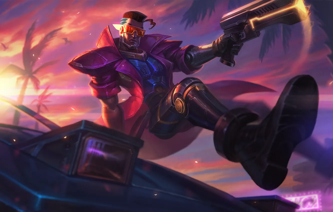Фото обои авто, пальмы, League of Legends, Riot Games, Lucian, Kelly Aleshire