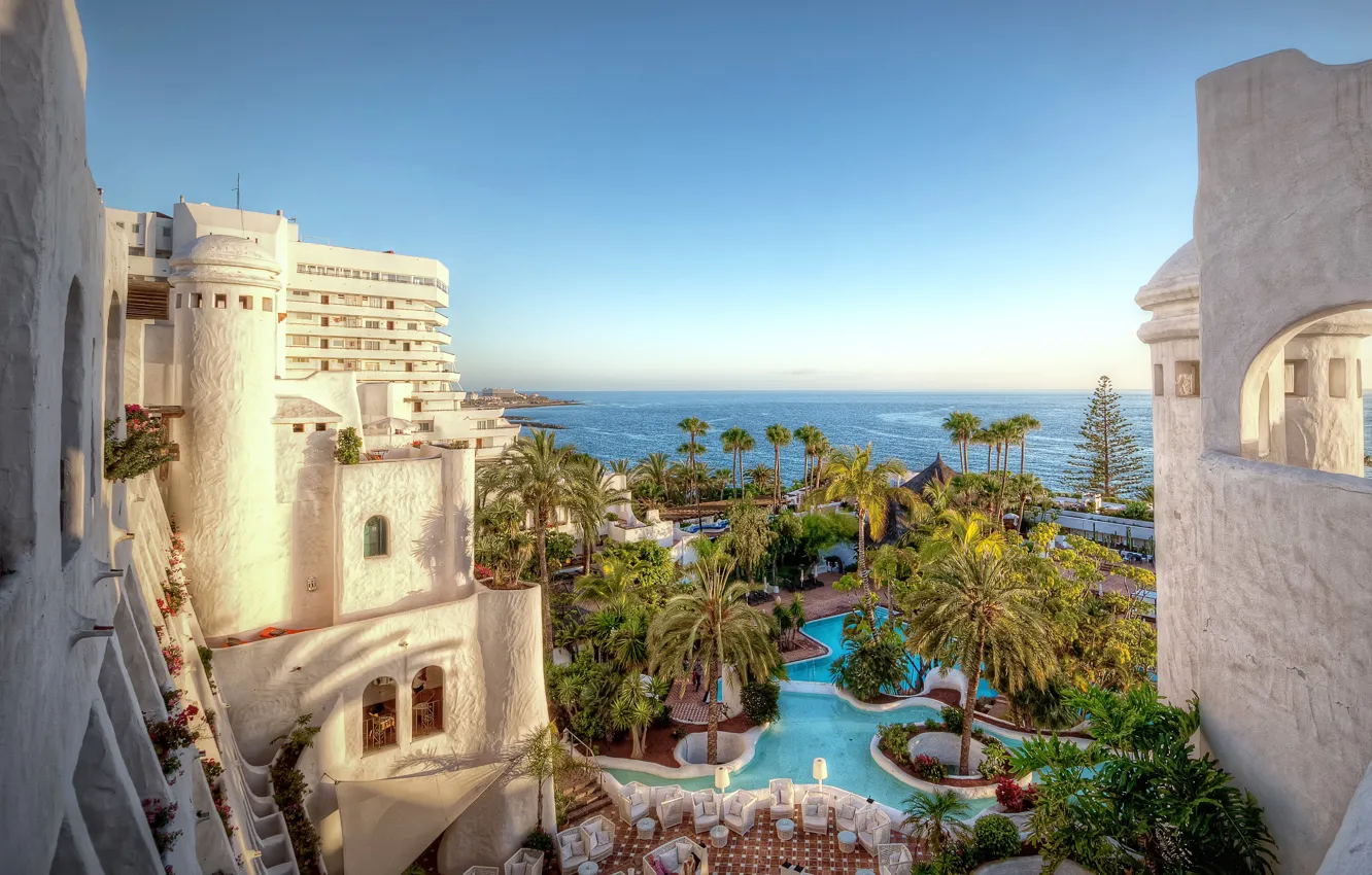 Фото обои пальмы, океан, HDR, бассейн, отель, Islands, Испания, Spain