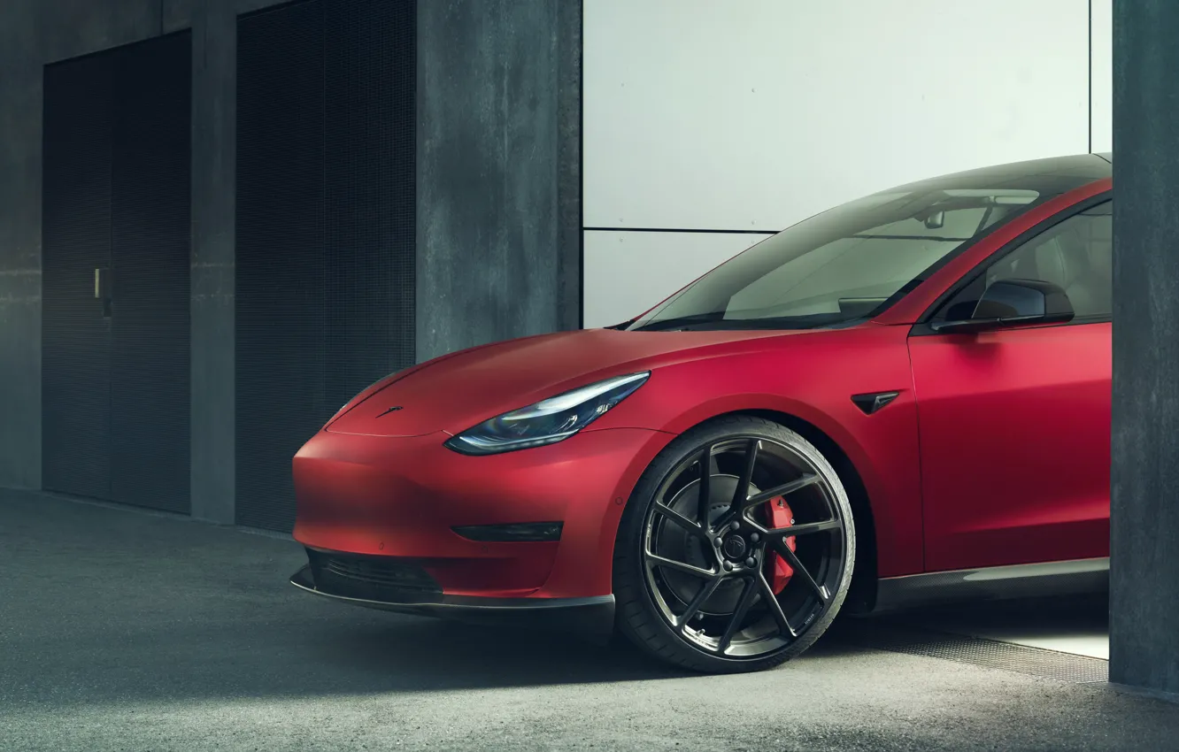 Фото обои колесо, Tesla, передняя часть, Novitec, Model 3, 2019
