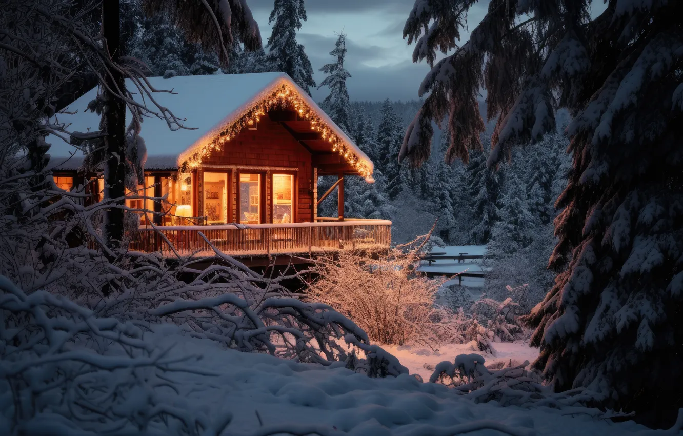 Фото обои зима, лес, снег, домик, house, хижина, forest, winter