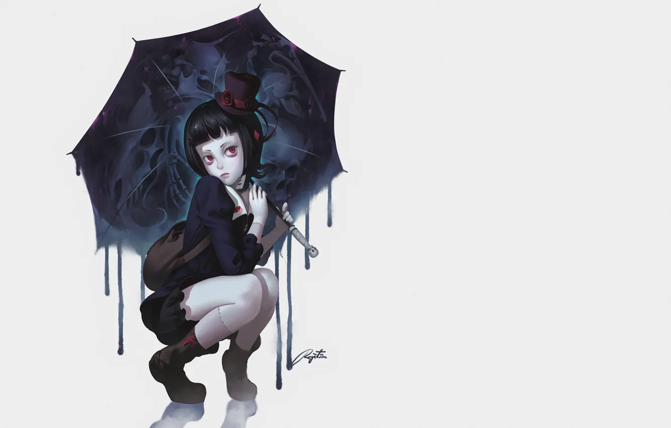 Фото обои девушка, готика, рисунок, череп, зонт, аниме, арт, скелет