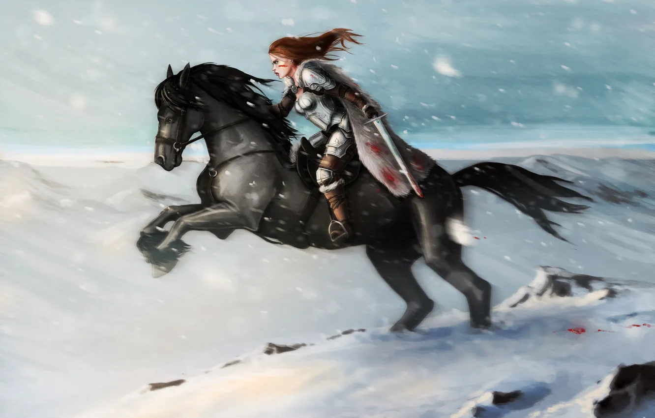 Фото обои девушка, снег, горы, оружие, конь, кровь, лошадь, меч